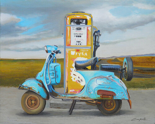 Vespa azzurra con distributore giallo van Francesco Capello, Schilderij te koop op Singulart