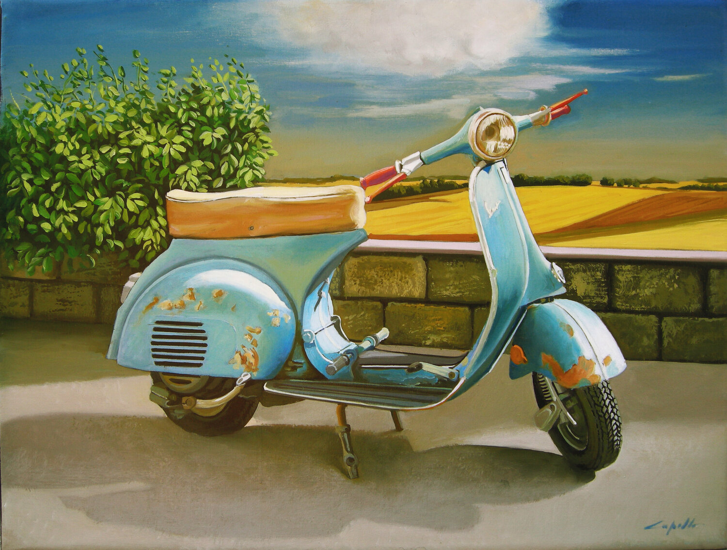 Vespa azzurra in campagna Francesco Capello