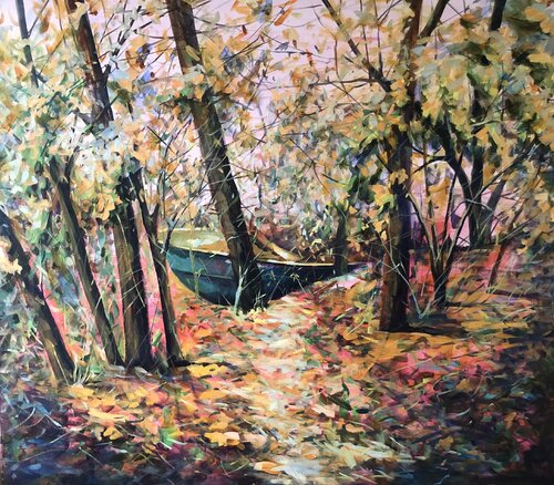 Old boat in young forest de Valeriya Tarasenko, Pintura a la venta en Singulart
