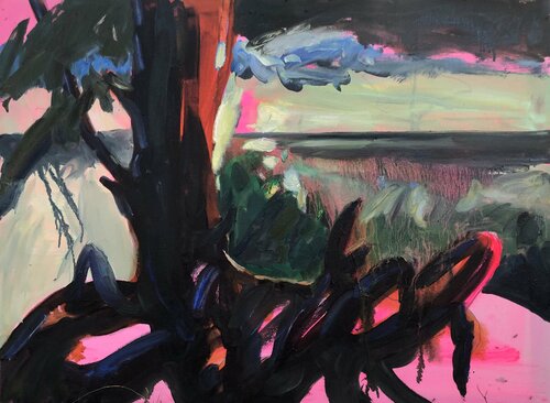 Pine tree and its roots at sunset di Valeriya Tarasenko, Pittura in vendita su Singulart