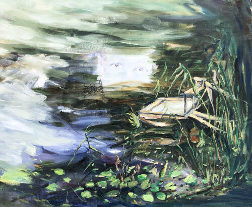 Nikolay Ivanovich's  place for fishing di Valeriya Tarasenko, Pittura in vendita su Singulart