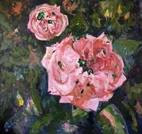 Green beetls in pink roses de Valeriya Tarasenko, Pintura a la venta en Singulart
