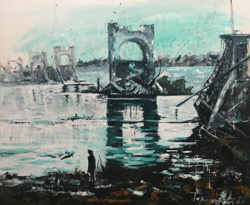 Fishing on the ruins of a chain bridge di Valeriya Tarasenko, Pittura in vendita su Singulart