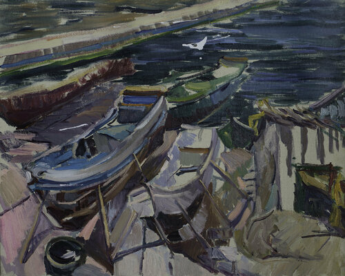 Boats near sea de Valeriya Tarasenko, Pintura a la venta en Singulart