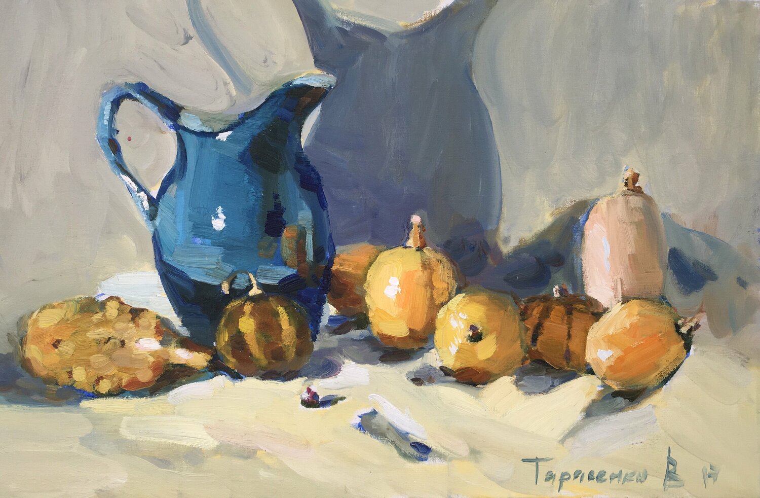 Blue jug and yellow pumpkins Valeriya Tarasenko