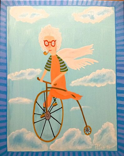 Cherub on the skeleton di Vlastimil Peška, Pittura in vendita su Singulart