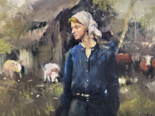 Girl and her cow von Jianjiang Chen, Malerei kaufen auf Singulart