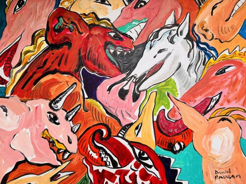 Rigolade au marché de Rostrenen van Daniel PAUGAM, Schilderij te koop op Singulart