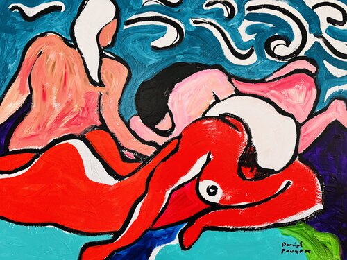 3 nus à la plage rouge von Daniel PAUGAM, Malerei kaufen auf Singulart