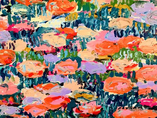 Orange pink and parme water lilies 3 di Daniel PAUGAM, Pittura in vendita su Singulart