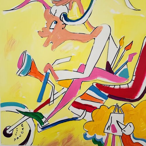 Peintre avec une toile en tête van Daniel PAUGAM, Schilderij te koop op Singulart