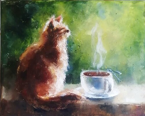 Morning, Cat and coffee von Galina Kolomenskaya, Malerei kaufen auf Singulart