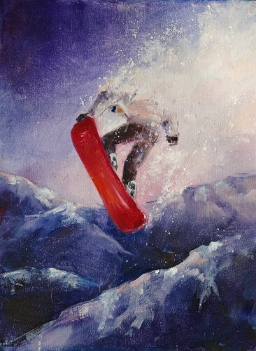 Sunset Snowboarder van Galina Kolomenskaya, Schilderij te koop op Singulart
