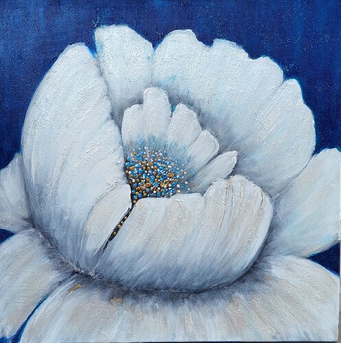 Abstrakte weiße Blume auf blauem Grund van Irene Mitawski, Schilderij te koop op Singulart