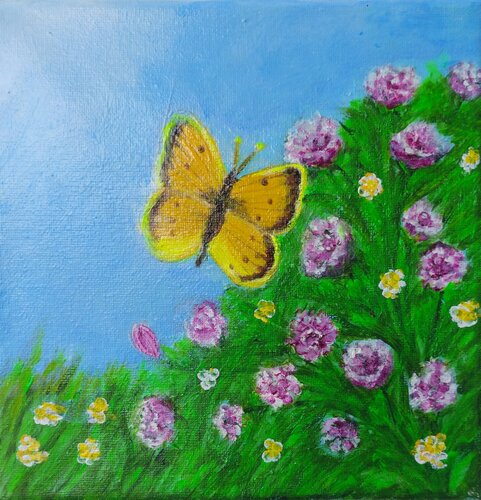 Gelber Schmetterling über Wildblumenwiese di Irene Mitawski, Pittura in vendita su Singulart