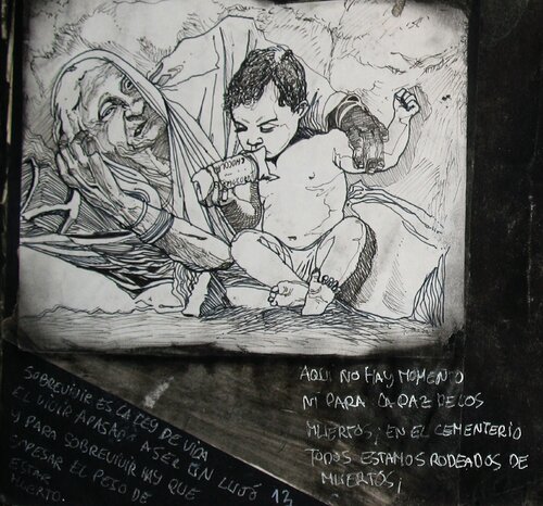 STOP WAR TERRORISM FEAR ALL SYSTEM IS CORRUPTED LEFT RIGHT POLITICS CENTER AND EXTREME ALL THE SAME DOMINATION FOR TOTAL SUBMISSION OF ALL PEOPLE THESE GENOCIDES OF THE SAME BEINGS ARE THE NONSENSE OF HUMAN ALIENATION- LIVE AND LET LIVE PIECE 1998-1999 von EDUARDO BUSTOS SEGOVIA, Zeichnungen kaufen auf Singulart