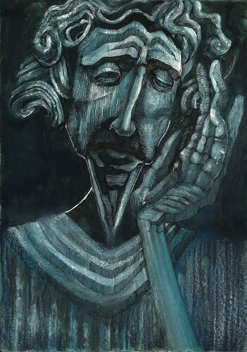 Feel being human Melancholia sadness Yearning undisturbed innocence Lost the existence ancient mask tragedy piece 189 di EDUARDO BUSTOS SEGOVIA, Disegno in vendita su Singulart