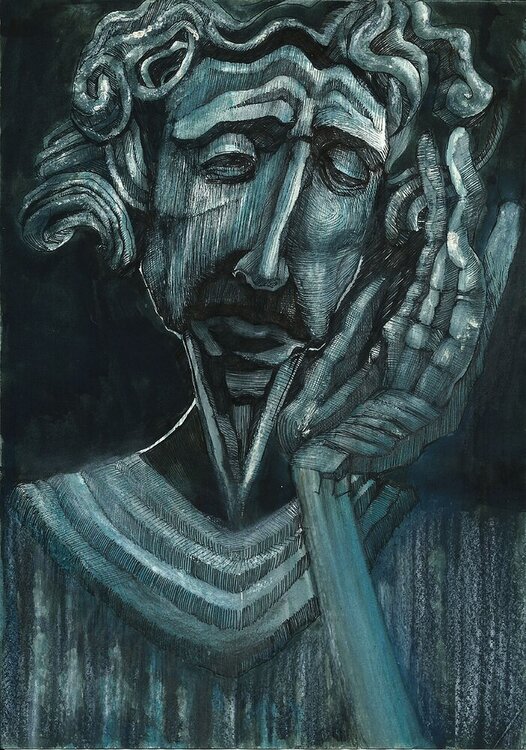 Feel being human Melancholia sadness Yearning undisturbed innocence Lost the existence ancient mask tragedy piece 189 EDUARDO BUSTOS SEGOVIA