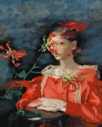 Lady with red flowers de Marina Fedorova, Pintura a la venta en Singulart