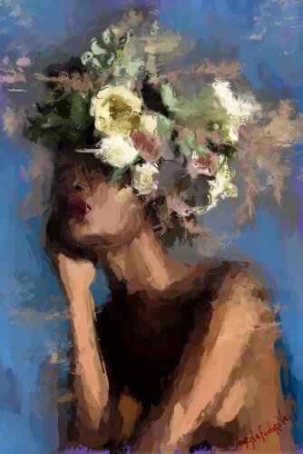 Woman with blue flowers di Marina Fedorova, Pittura in vendita su Singulart