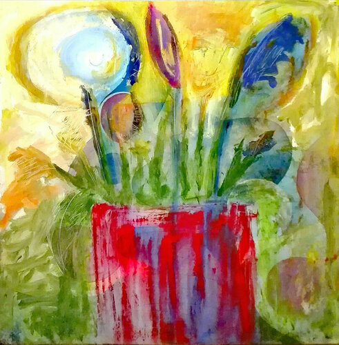 Wiesenblumen in roter Vase mit Sonne im Hintergrund van Ralf Strauß, Andere media te koop op Singulart