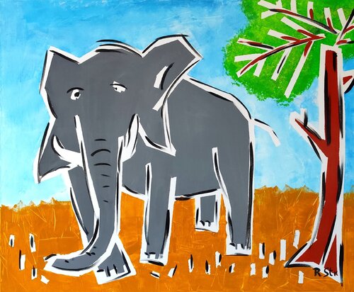 Elefant in Landschaft mit Baum by Ralf Strauß, Painting for Sale on Singulart