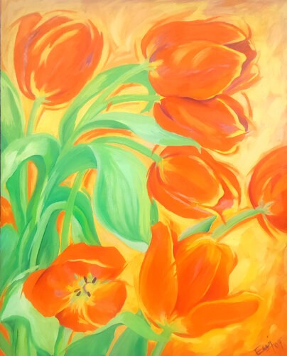 Orangefarbene Tulpen. di Ewa Jablonski, Pittura in vendita su Singulart