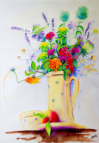 Stillleben mit Blumen und Pfirsich by Ewa Jablonski, Work on Paper for Sale on Singulart