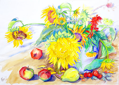 Stillleben mit Blumen und Obst di Ewa Jablonski, Opera su carta in vendita su Singulart