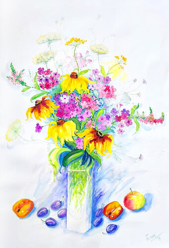 Stillleben mit Blumen und Früchten di Ewa Jablonski, Opera su carta in vendita su Singulart