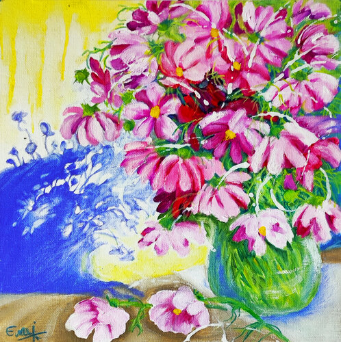 Stillleben mit rosa Blumen di Ewa Jablonski, Pittura in vendita su Singulart