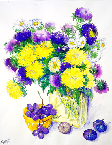 Stillleben mit Asternblumen und Früchte di Ewa Jablonski, Opera su carta in vendita su Singulart