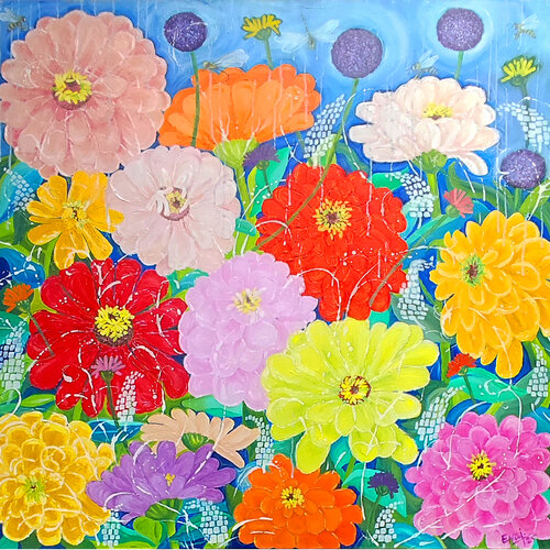 Zinnien di Ewa Jablonski, Pittura in vendita su Singulart
