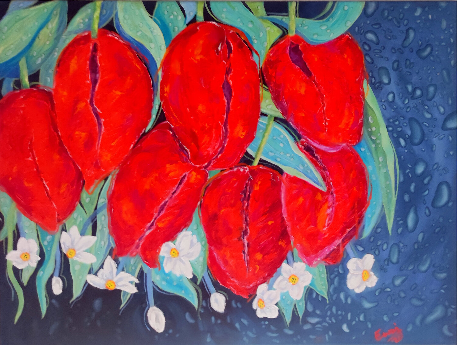 Maiblumen im Mairegen. Ewa Jablonski Origineel schilderij te koop