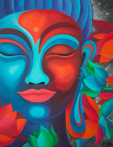 Buddha in lotus flowers van Monika Mrowiec, Schilderij te koop op Singulart