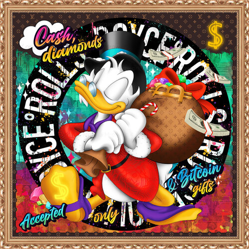 Cash, diamonds & Bitcoin gifts accepted only - Scrooge McDuck von Monika Mrowiec, Malerei kaufen auf Singulart