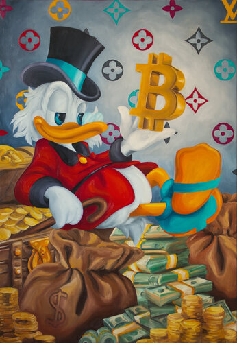 Golden Dreams: Scrooge McDuck and the Bitcoin Legacy van Monika Mrowiec, Schilderij te koop op Singulart