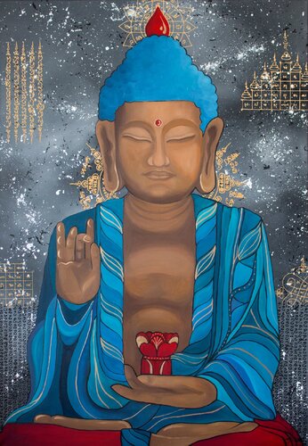 Buddha Meditation in a blue robe - Mantra von Monika Mrowiec, Malerei kaufen auf Singulart