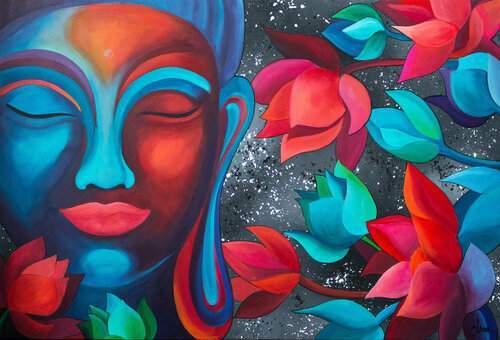 Buddha in lotus flowers van Monika Mrowiec, Schilderij te koop op Singulart