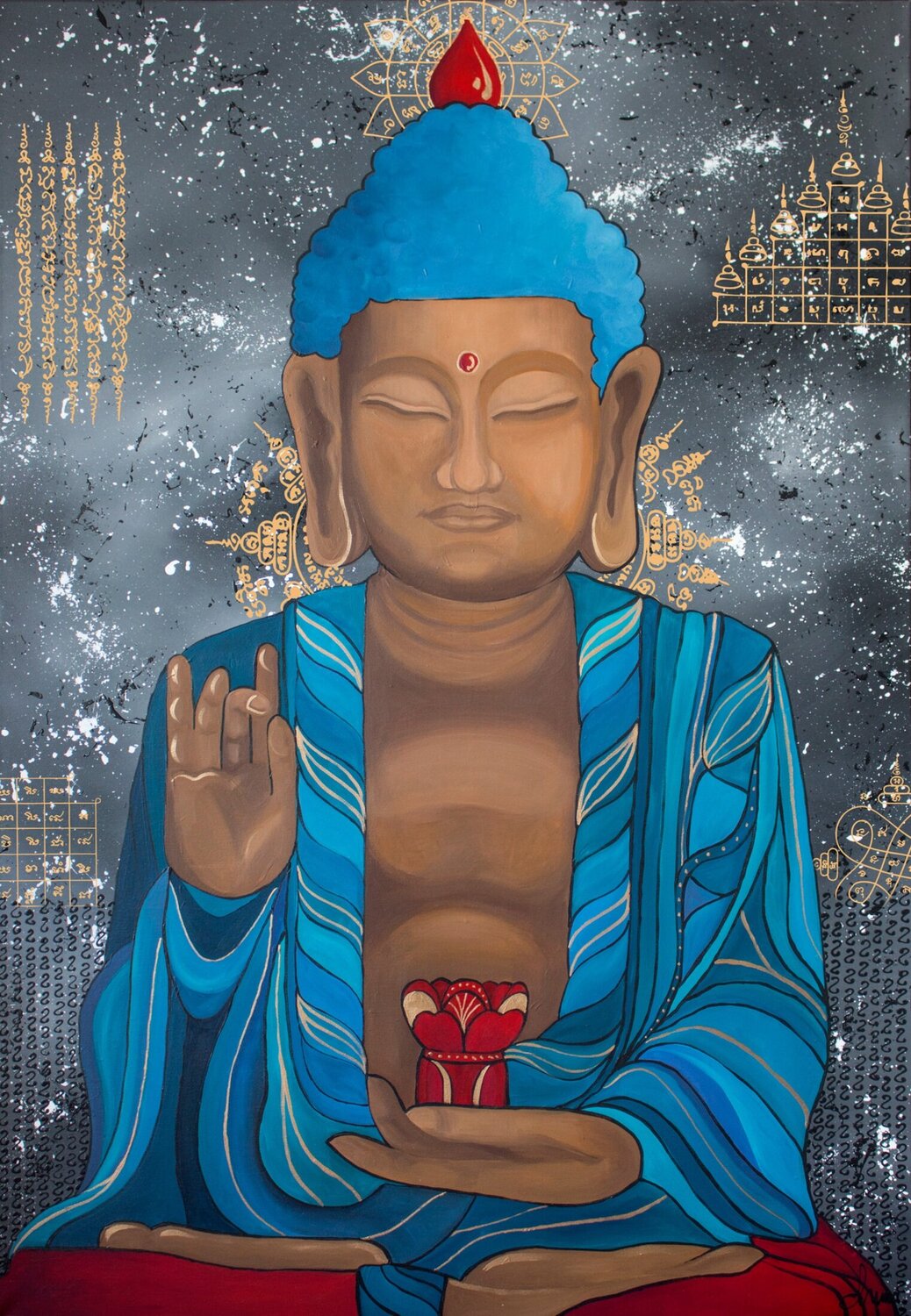 Buddha Meditation in a blue robe - Mantra Monika Mrowiec Originalgemälde zu verkaufen