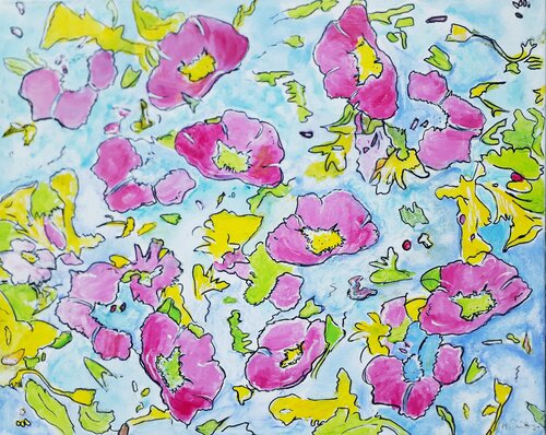 Zarte Frühlingsblumen tanzen durch den Wind van Manuela Reitz, Schilderij te koop op Singulart