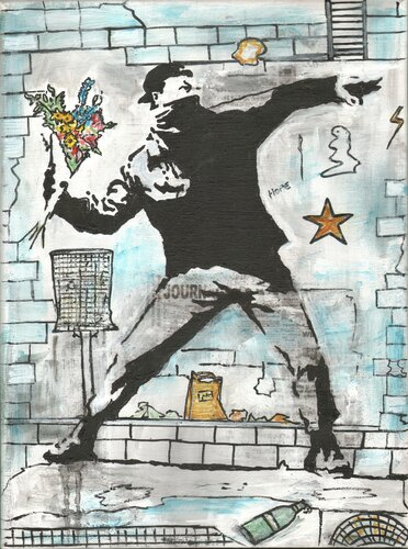 Hommage Banksy - Flower Thrower von Manuela Reitz, Malerei kaufen auf Singulart