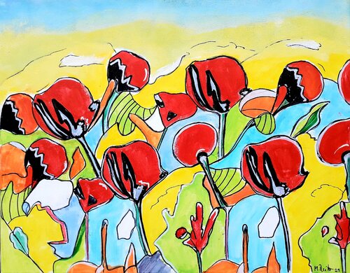 Rote Tulpen und rote Poppies di Manuela Reitz, Pittura in vendita su Singulart