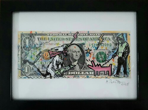 Cutter Rat und Barking Dog/Hommage Banksy auf einen Original Dollarschein von Manuela Reitz, Malerei kaufen auf Singulart
