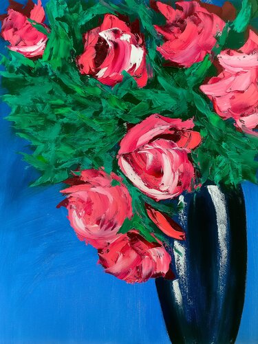 Pink Roses Blue Vase von Tetiana Surshko, Malerei kaufen auf Singulart