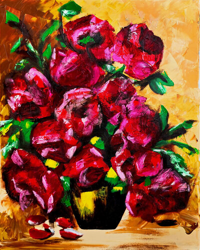 Red Peonies on Gold by Tetiana Surshko, Painting for Sale on Singulart