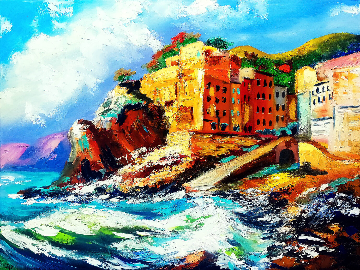 Italian Coastal Village Tetiana Surshko Originalgemälde zu verkaufen
