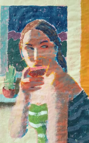 Ragazza che beve da una ciotola di vetro van Luigi Iona, Schilderij te koop op Singulart