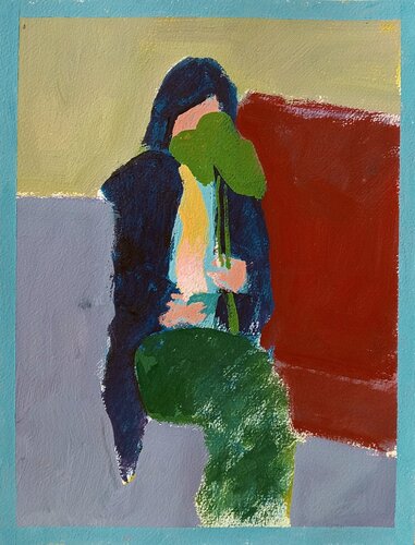 Donna con pianta e smartphone van Luigi Iona, Schilderij te koop op Singulart