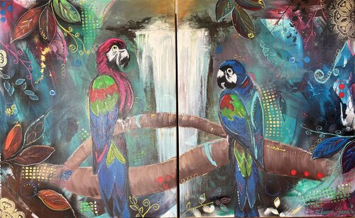 Duo - Lilac und Roy - Papageien im Dschungel / Parrots Jungle van Nicole Adolph, Schilderij te koop op Singulart
